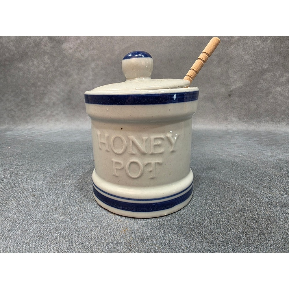 Vintage Stoneware Honey Pot with Lid and Wooden Dipper Blue Cream Ceramic Jar